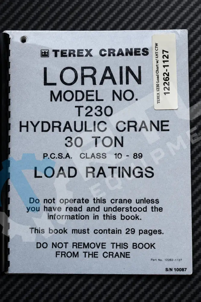 TEREX T230 LOAD CHART WITH LHT CTW | PN 12262-1127